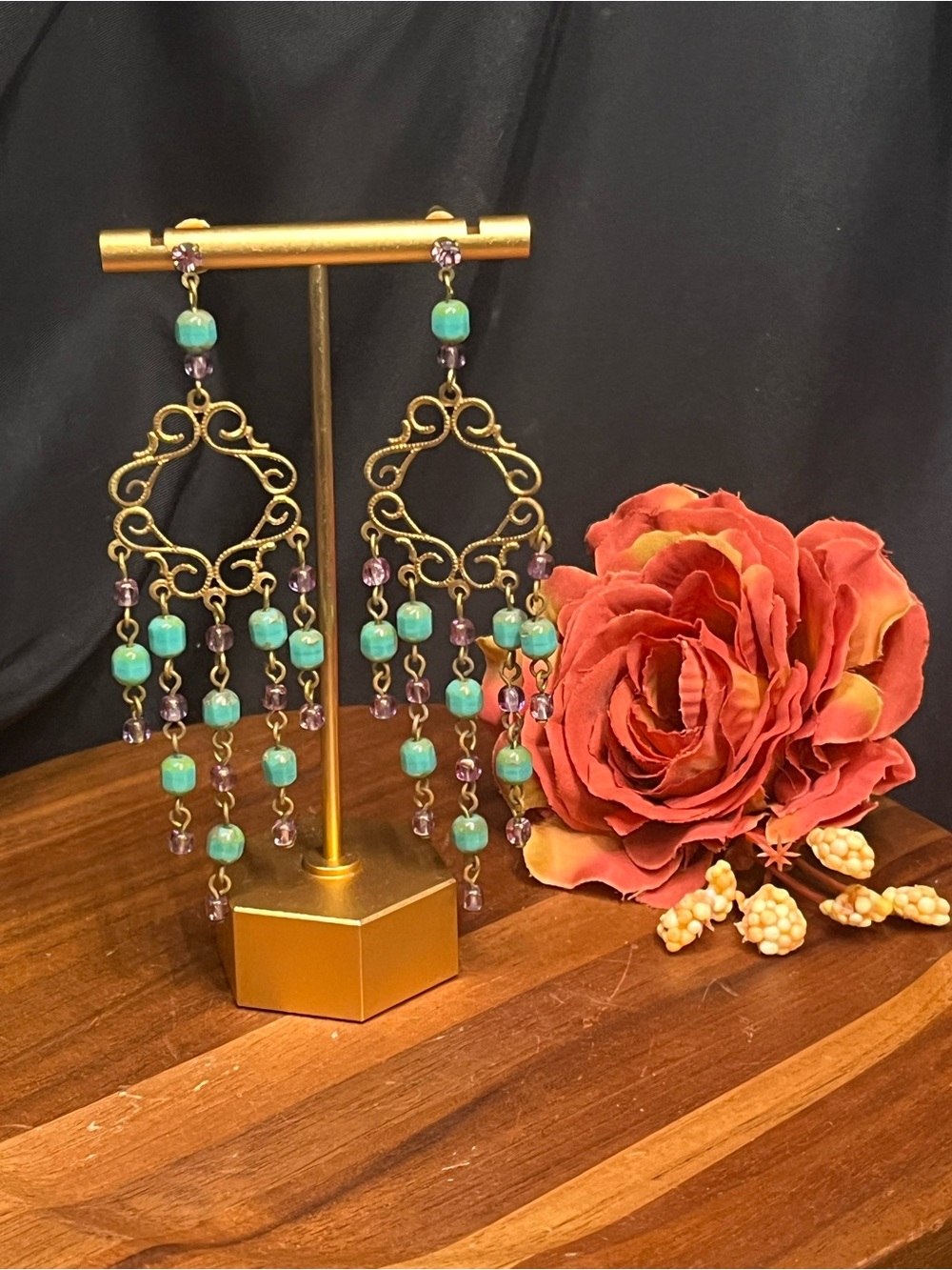 Vintage 1960s Gold Tone Waterfalls Fringe Earrings -MCM Turquoise Amethyst Glass